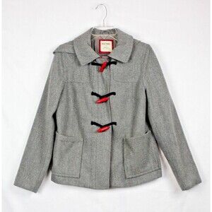 OLD NAVY Jacket Coat Hooded Medium Wool Blend Duffle Style Toggle Gray Red Plaid